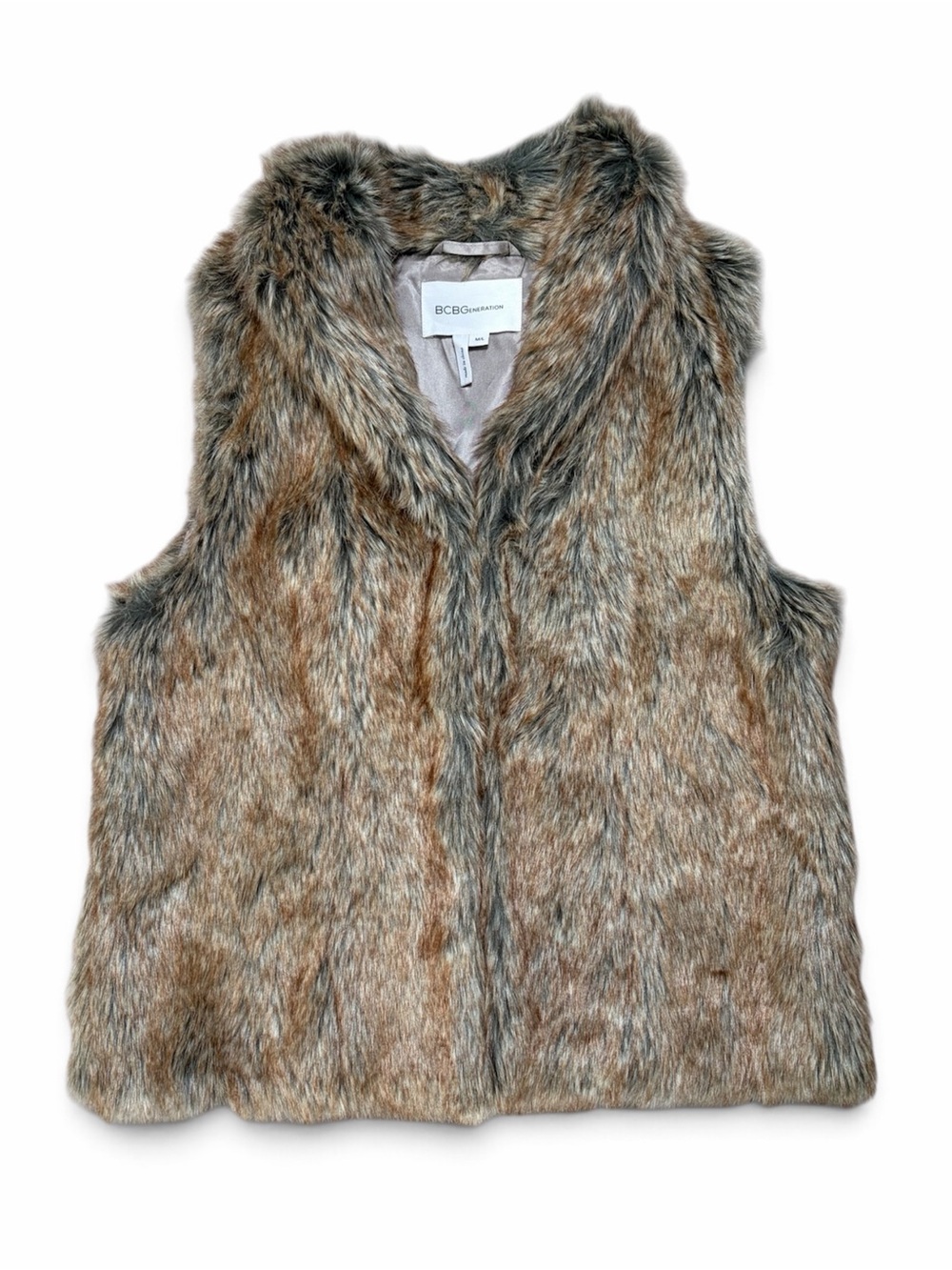 BCBGeneration Faux Fur Vest Brown Gray Taupe M/L VUW4M445 V-Neck Lining